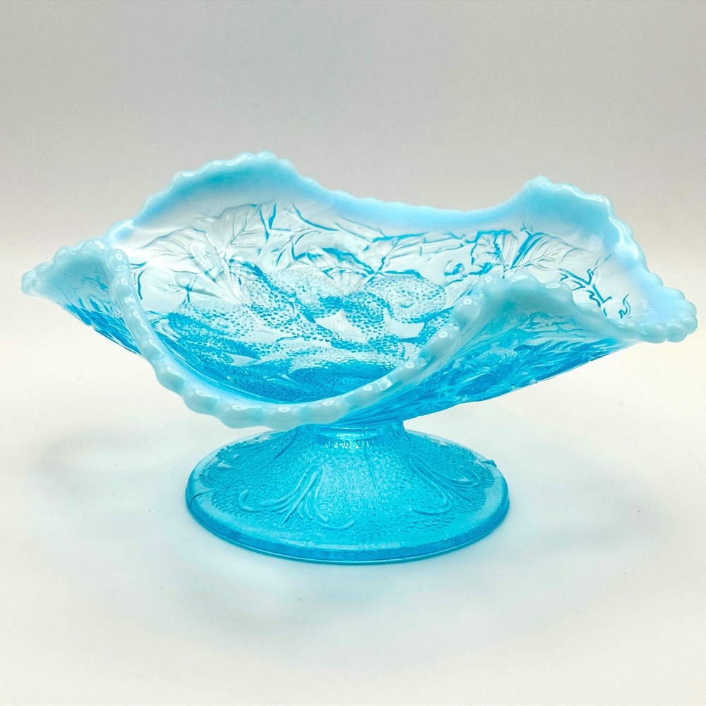 Rare Antique Dugan Question Marks Blue Opalescent 4-Sides-Up Footed Compote